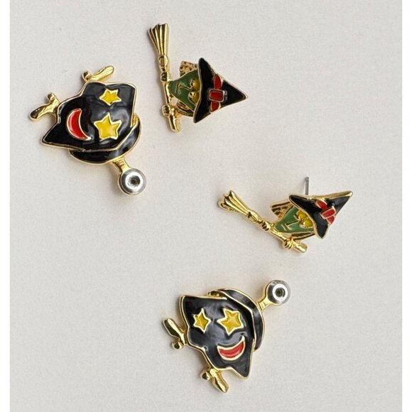 Halloween Witch Front Back Earrings Gold Tone Enamel Green Face Whimsical - Picture 5 of 6
